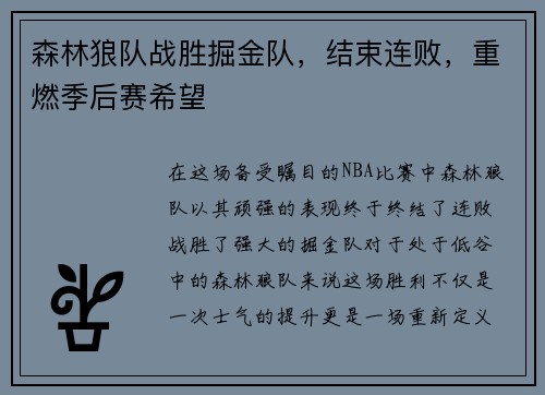 森林狼队战胜掘金队，结束连败，重燃季后赛希望