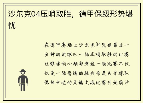 沙尔克04压哨取胜，德甲保级形势堪忧