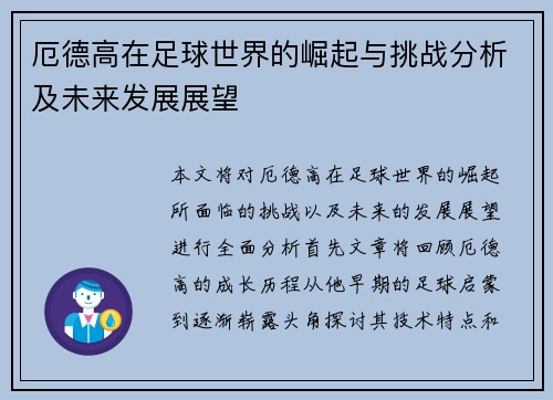 厄德高在足球世界的崛起与挑战分析及未来发展展望