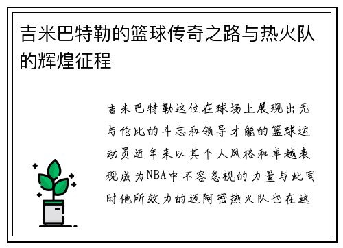 吉米巴特勒的篮球传奇之路与热火队的辉煌征程